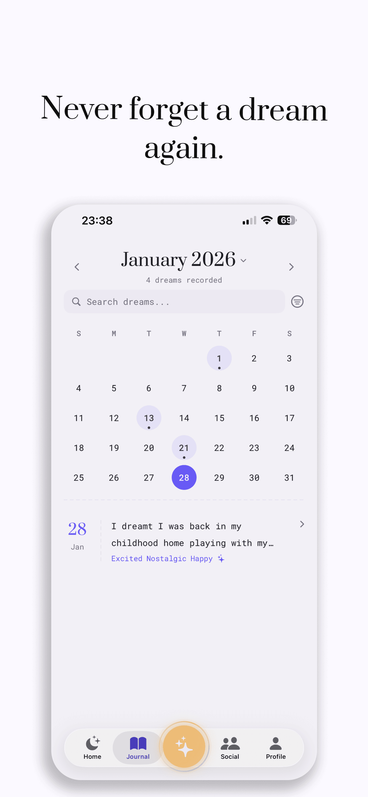 Sueño dream journal calendar